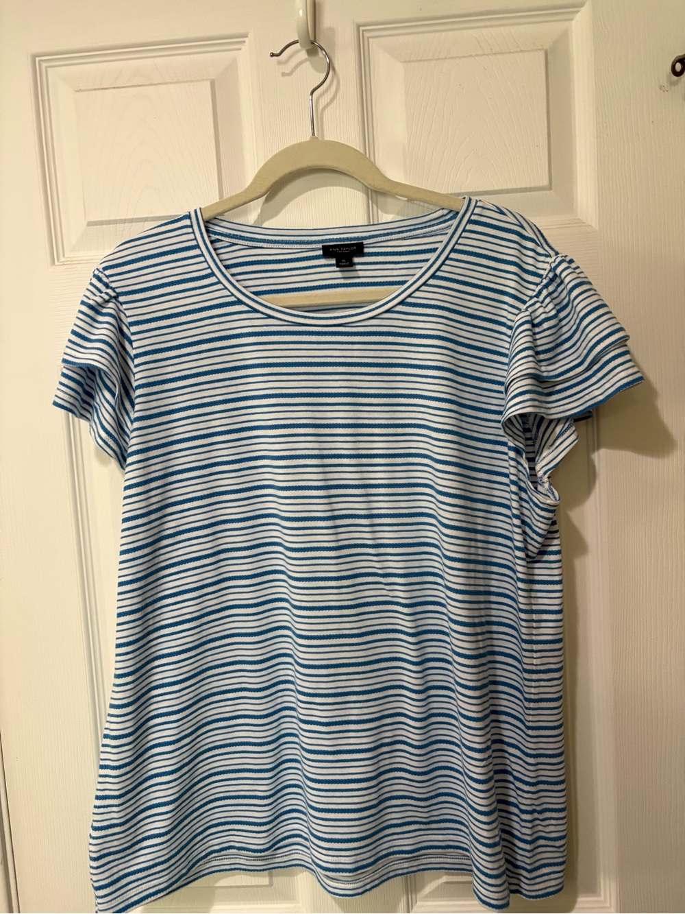 Ann Taylor Blue and White Striped Short-Sleeve Tee